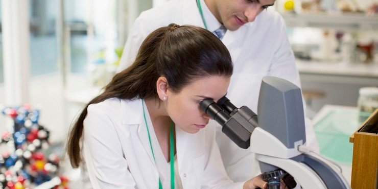 Scientists using microscope in laboratory